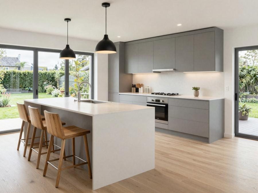 Fitted kitchen with island and pendant lights